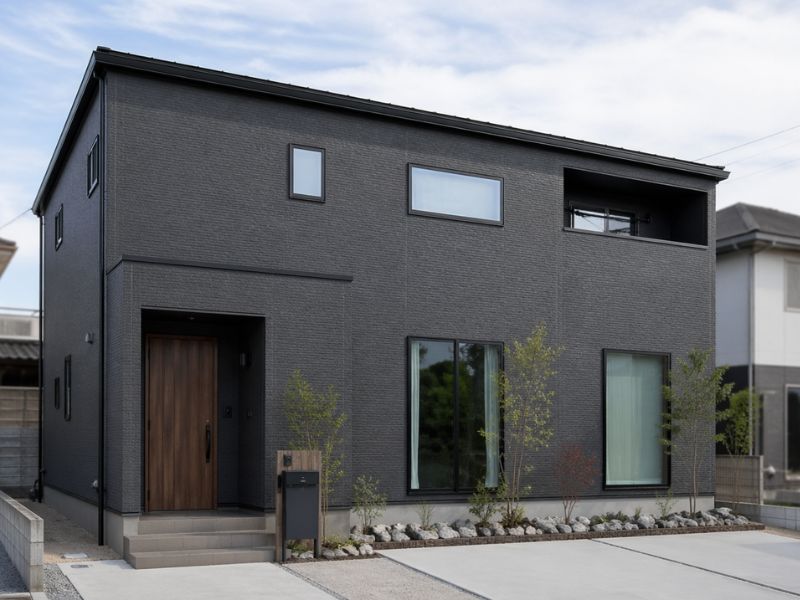 チャコールグレーサイディングのスタイリッシュなモダン住宅外観